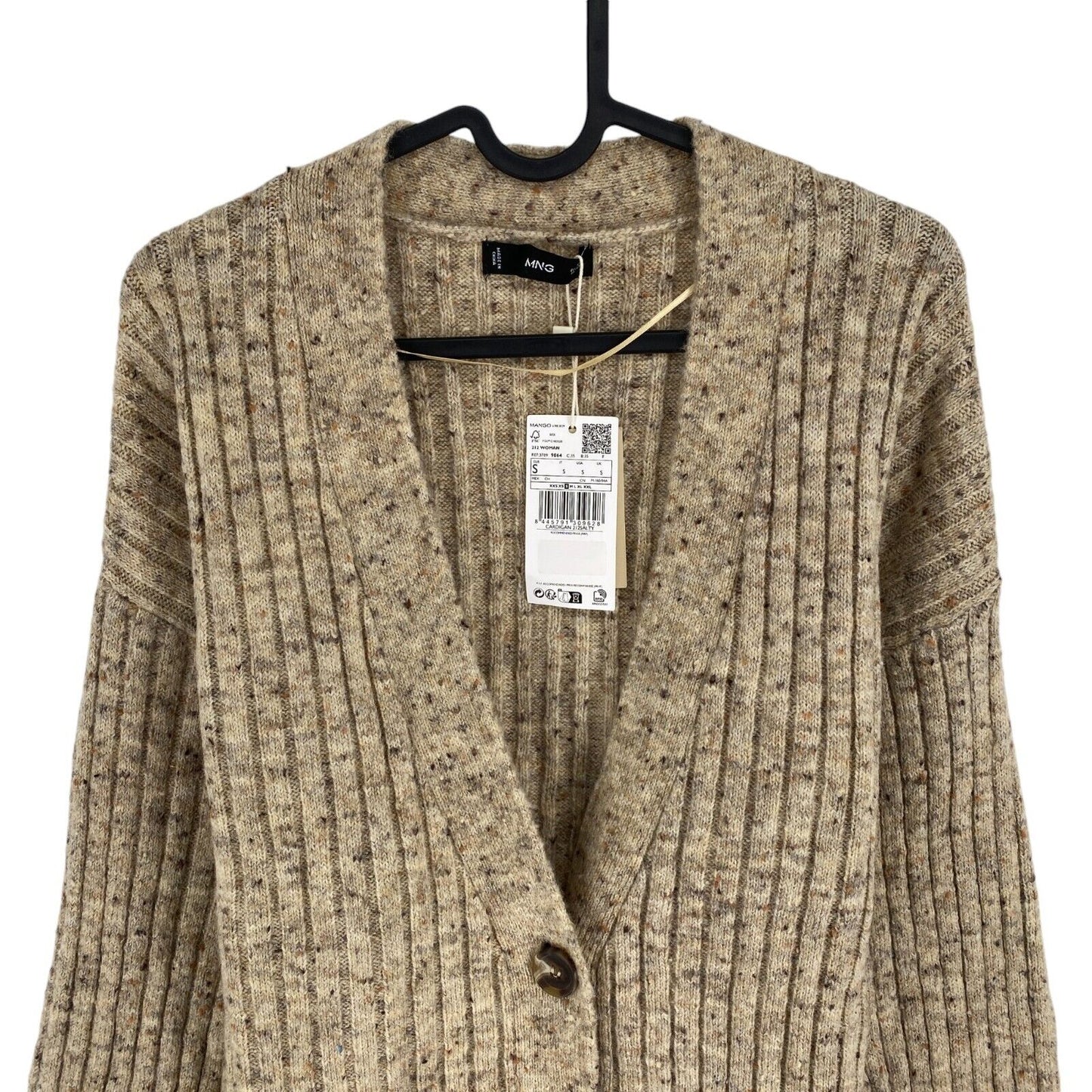 Mango MNG Women Dark Beige Marbled Ribbed Knitted Cardigan Sweater Jumper Size S