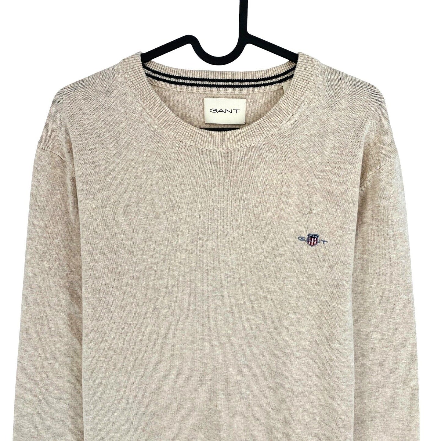 GANT Men Beige Classic Cotton Crew Neck Sweater Jumper Size L