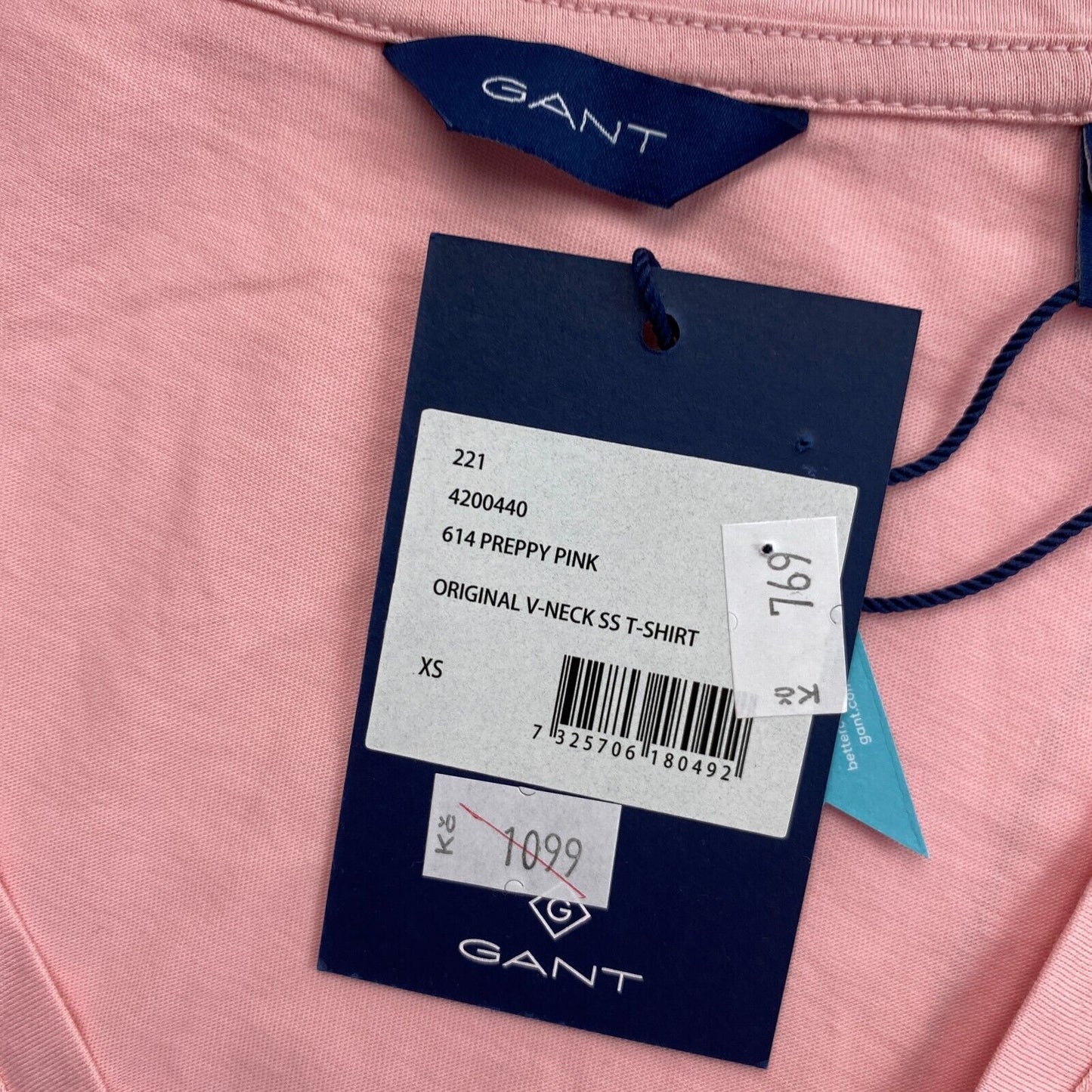 GANT Pink Original T-Shirt mit V-Ausschnitt, Größe XS