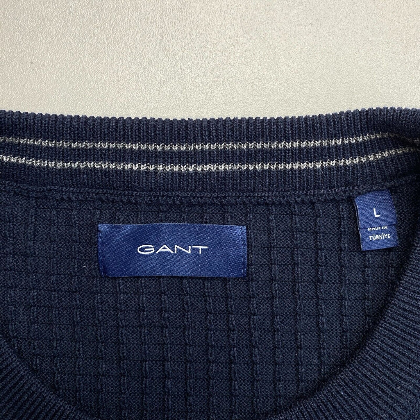 GANT Men Navy Blue Cotton Texture Crew Neck Sweater Jumper Size L