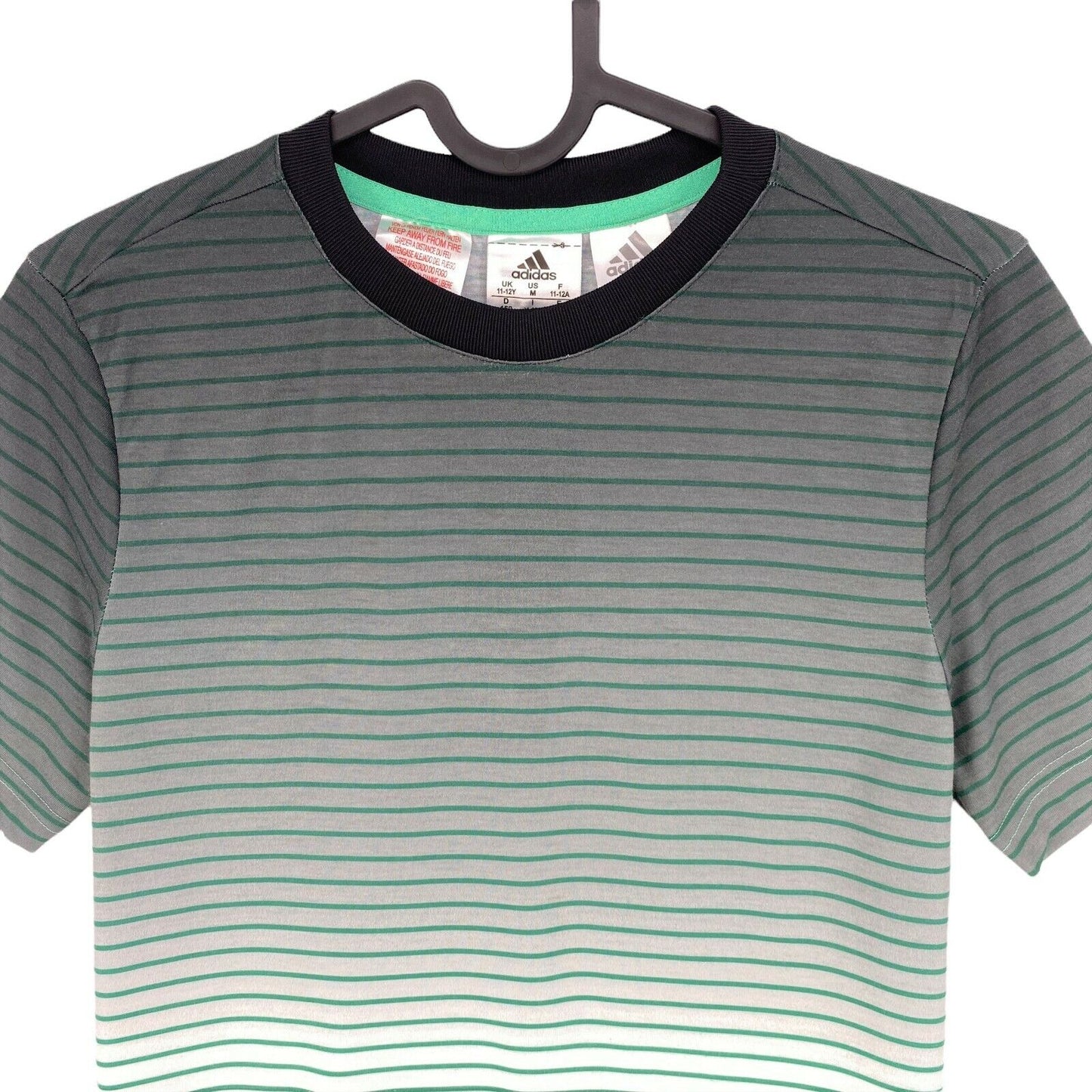 Adidas Youth Boys Green Striped Crew Neck T Shirt Size 11 - 12 Years