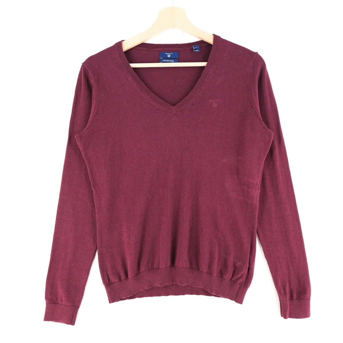 GANT Bordeaux Red V Neck Cotton Wool Blend Sweater Jumper Size S