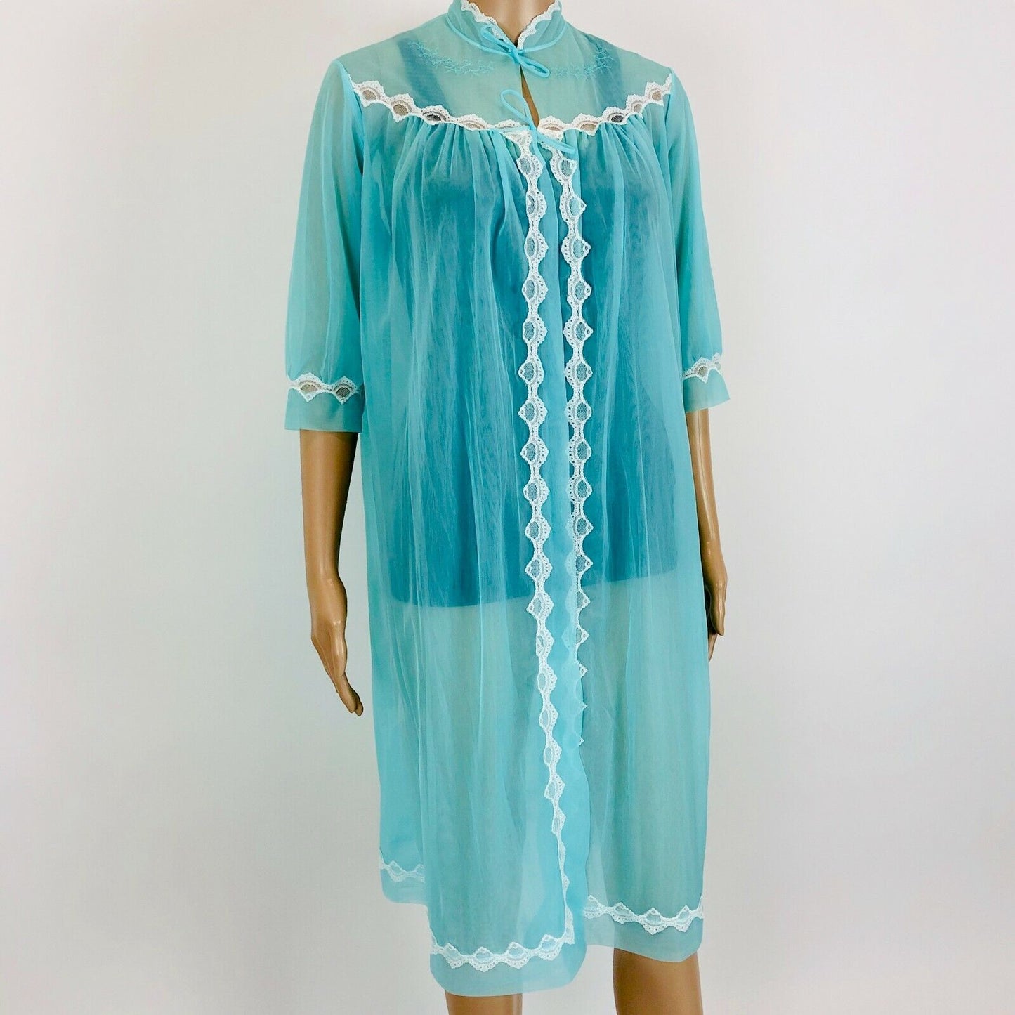 Vintage Ladies Blue Super Thin Bathrobe Dress Size EUR 42 US 12 UK 14