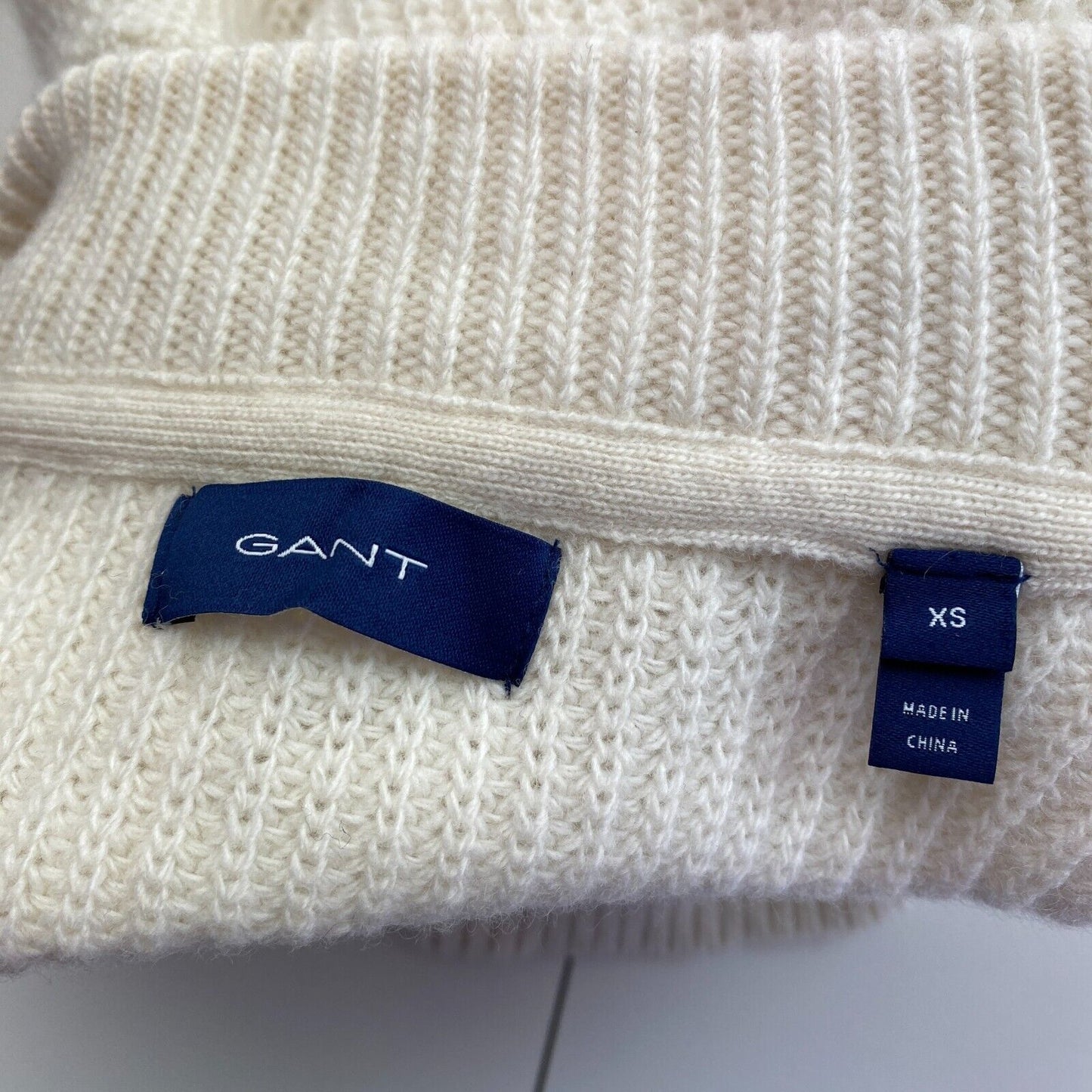 GANT Beige Côtelé Laine Ras du Cou Pull Pull Taille XS