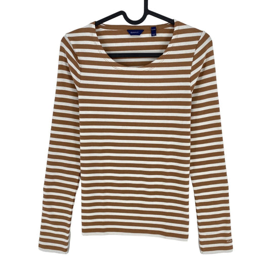 GANT Brown Striped Crew Neck Long Sleeves T Shirt Size S