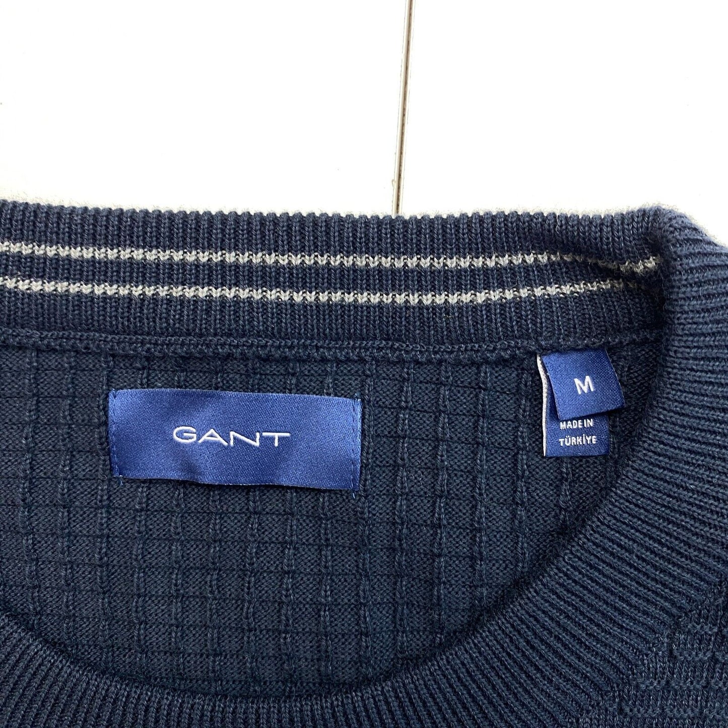 GANT Men Navy Blue Cotton Texture Crew Neck Sweater Jumper Size M