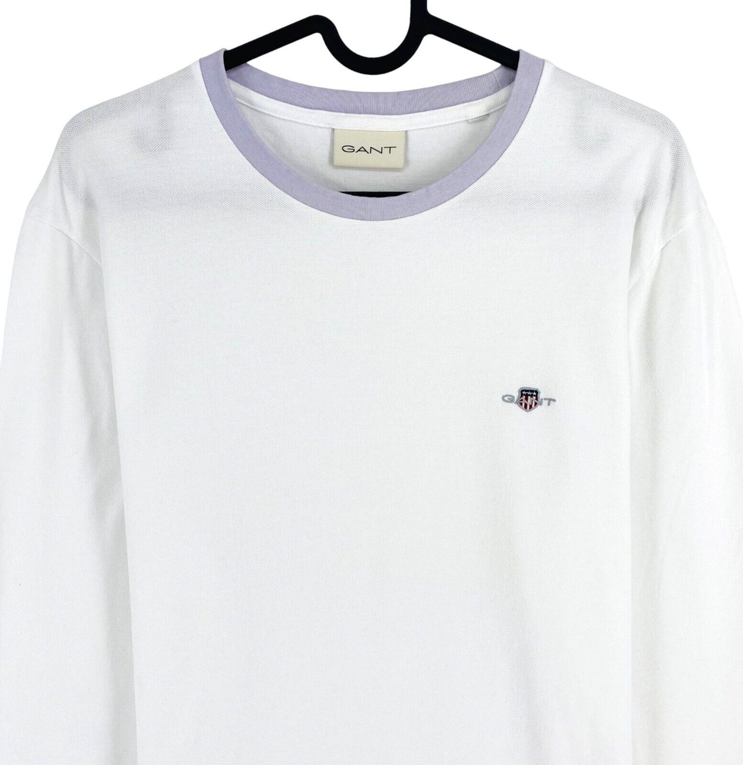 GANT Men White Pique Crew Neck Long Sleeves T Shirt Size M