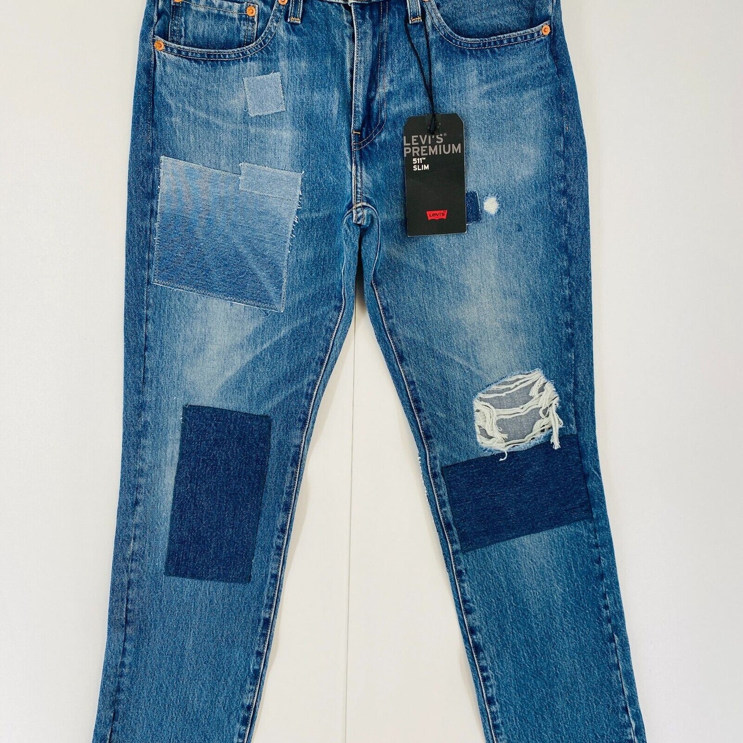 Levi's Premium 511 Blue Stretch Slim Fit Ripped Patched Distressed Jeans W32 L32