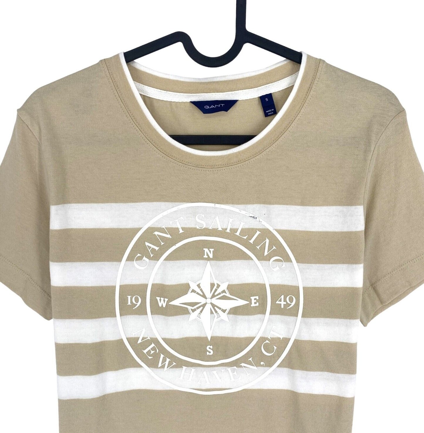 GANT Women Beige Printed Striped Crew Neck Short Sleeves T Shirt Size S