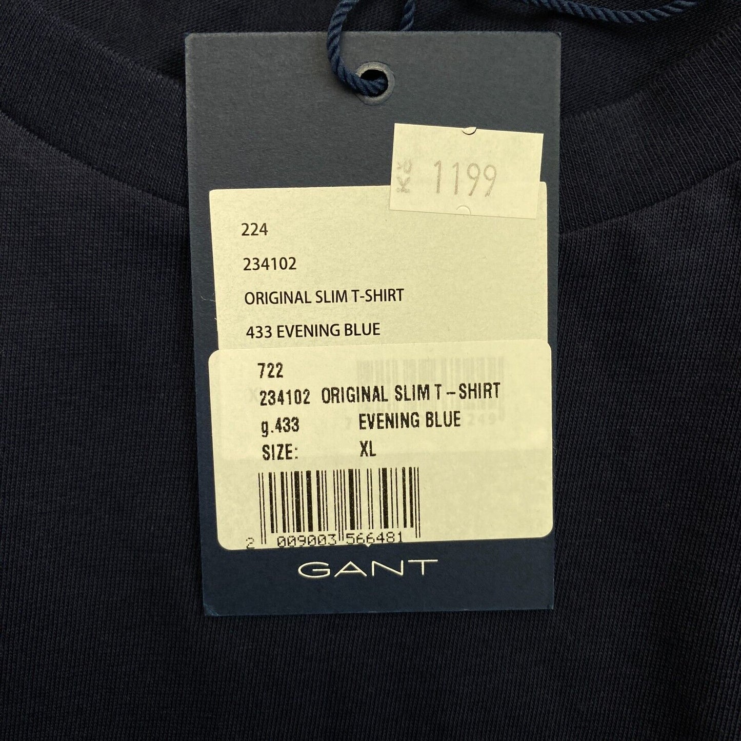 GANT Men Navy Blue Original Slim Fit Crew Neck Short Sleeve T Shirt Size XL