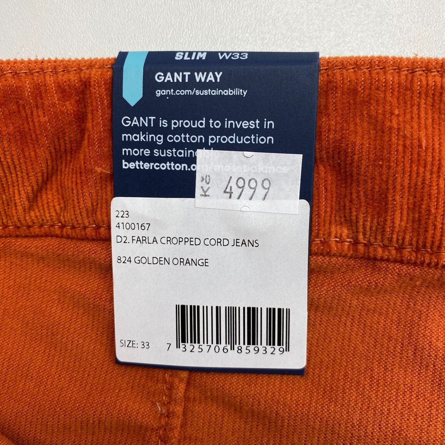 GANT Femmes Orange Foncé FARLA Corduroy Slim Fit Cropped Jeans Taille W33