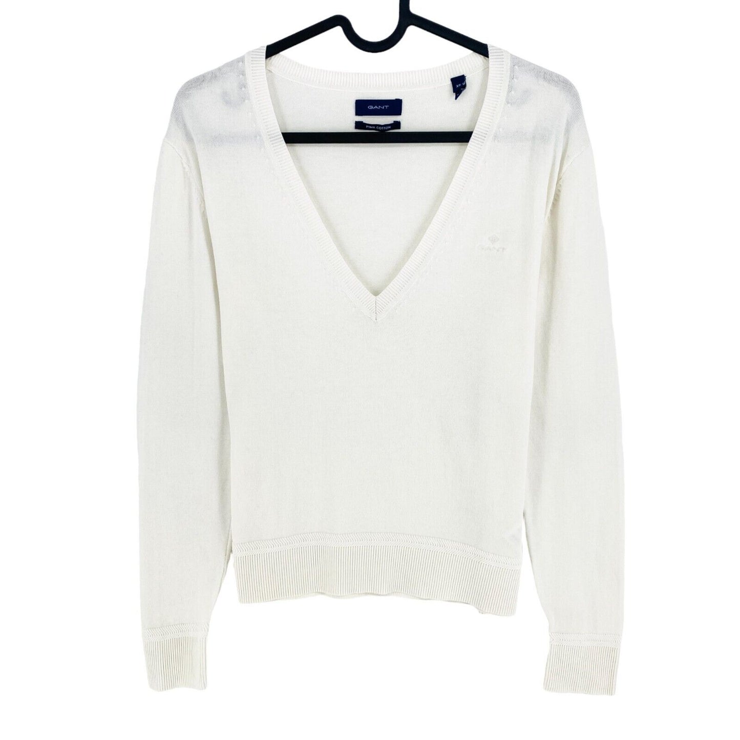 GANT Pull à col en V en coton léger blanc Taille XS