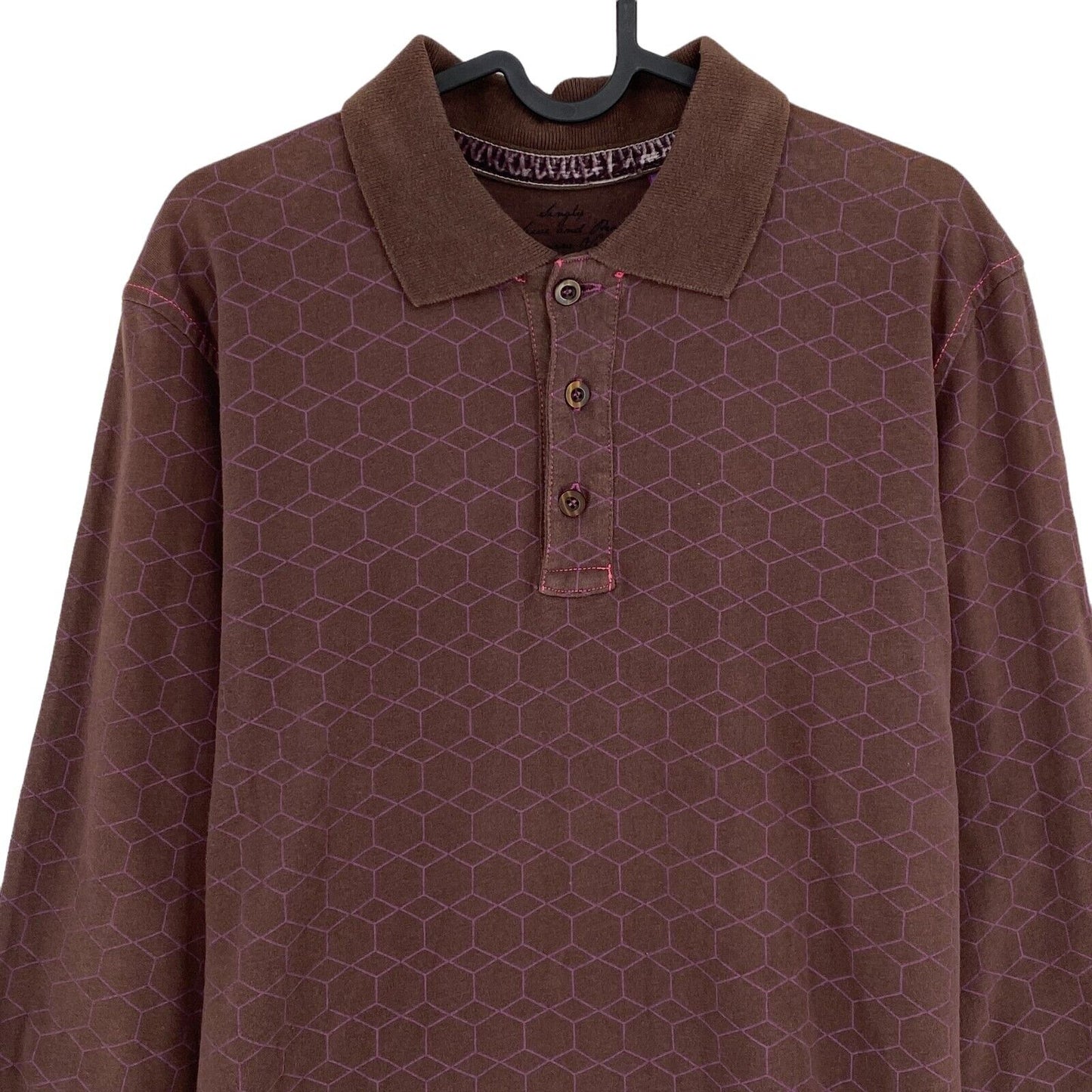 SINGLY Diamond Striped Brown 100% Cotton Long Sleeve Polo Shirt Top Size M