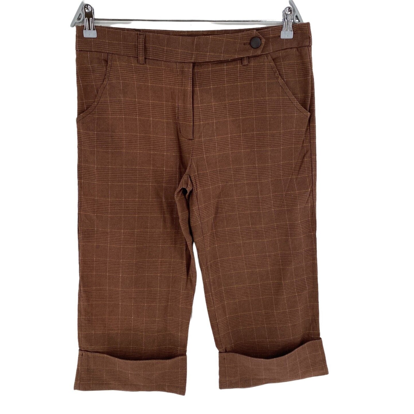 VUE SUR MER Plaid Brown Cotton Blend Capri Trousers Pants Size EU 40 W32