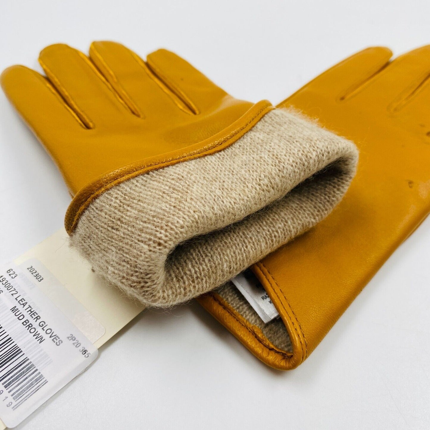 GANT Women Brown 100% Lamb Leather Cashmere Wool Lined Warm Knit Gloves Size M