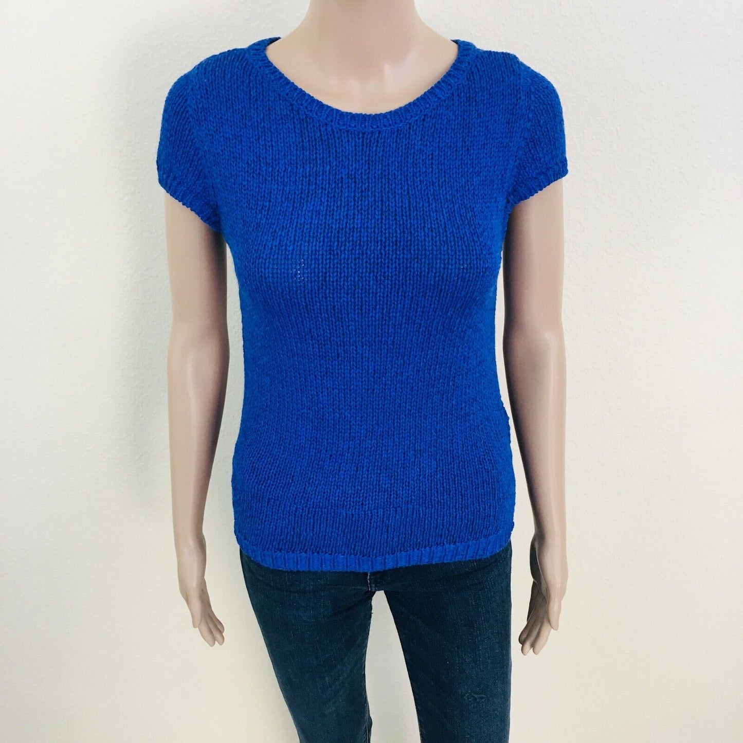 ZARA Blue Round Neck Cotton Knit T Shirt Top Jumper Size S