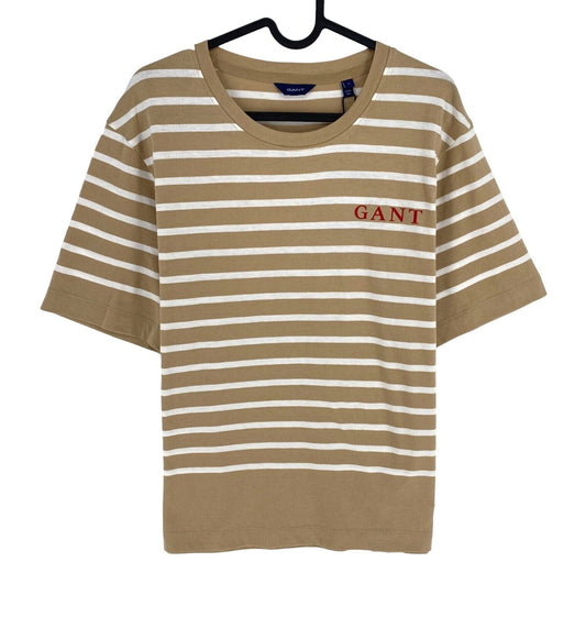 GANT Women Brown Logo Striped Crew Neck Short Sleeve T Shirt Size L