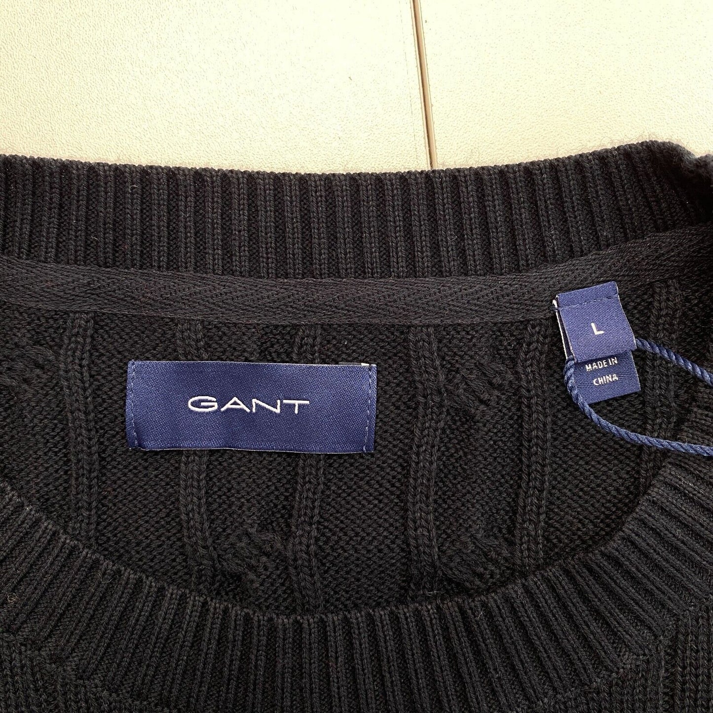 GANT Men Navy Blue Cable Knit Cotton Crew Neck Sweater Pullover Size L