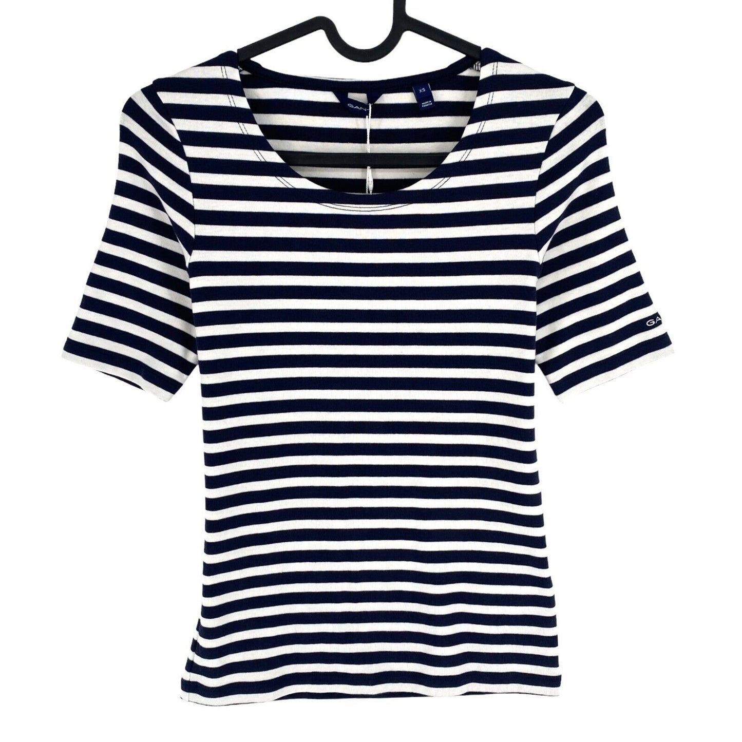 GANT Women Navy Blue Striped 1x1 Rib Crew Neck T Shirt Size XS