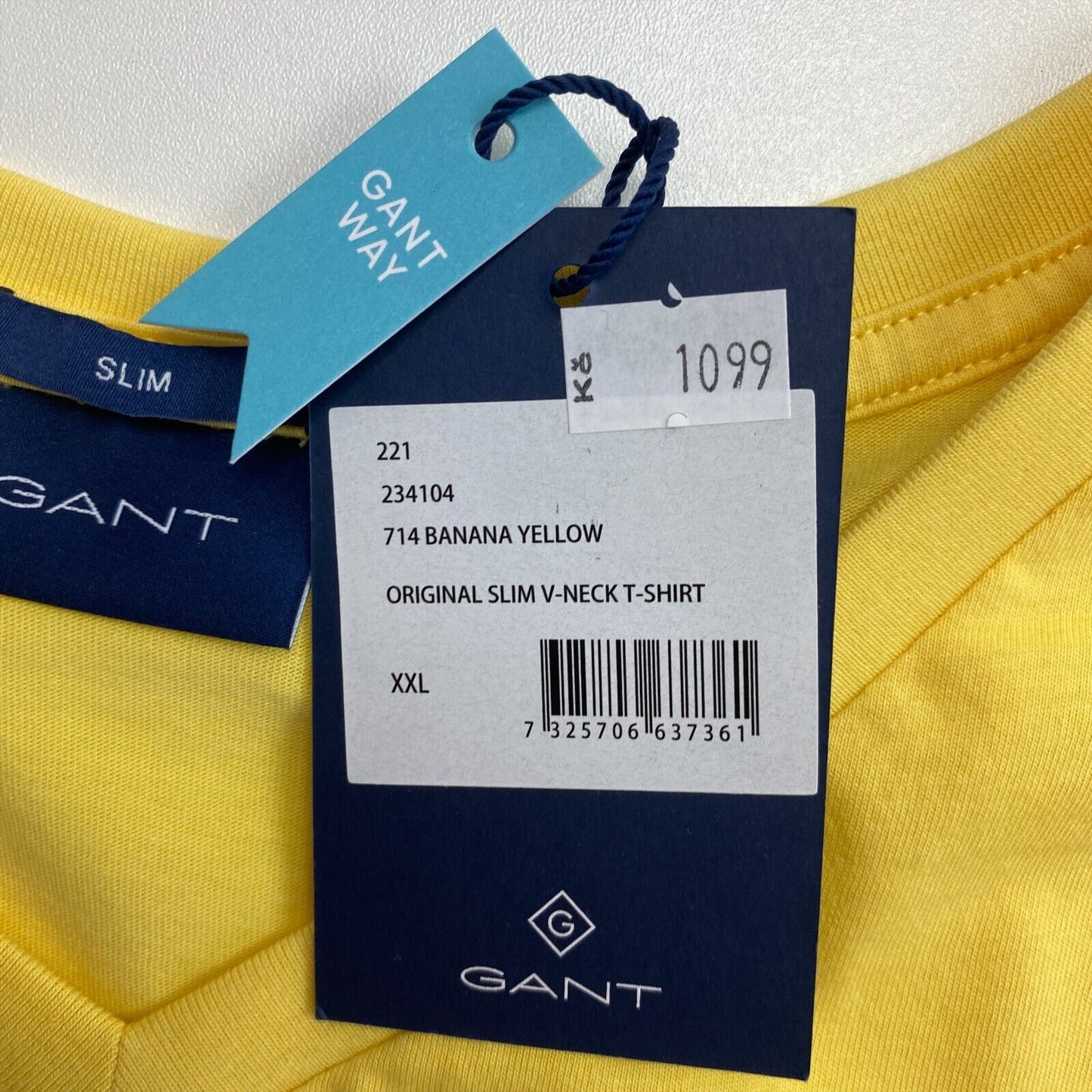 GANT Yellow Original Slim V Neck T-Shirt Size 2XL XXL