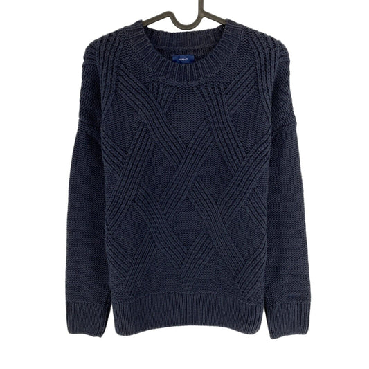 GANT Pullover mit Rundhalsausschnitt und grafischem Zopfmuster, Marineblau, Größe S