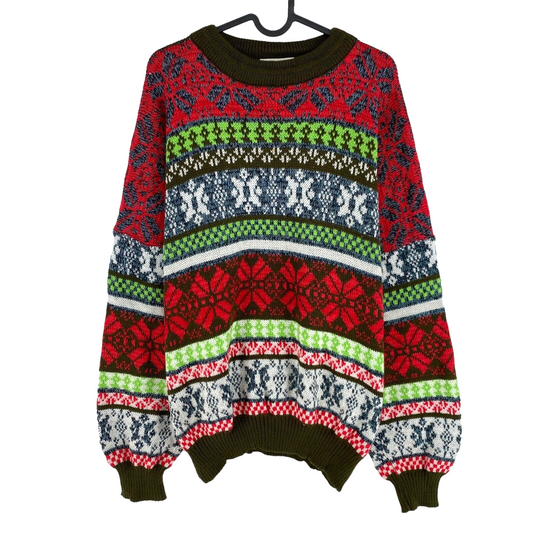 Cosby vintage Rétro années 90 Vert foncé Fair Isle Pull rayé Pull Taille 2XL