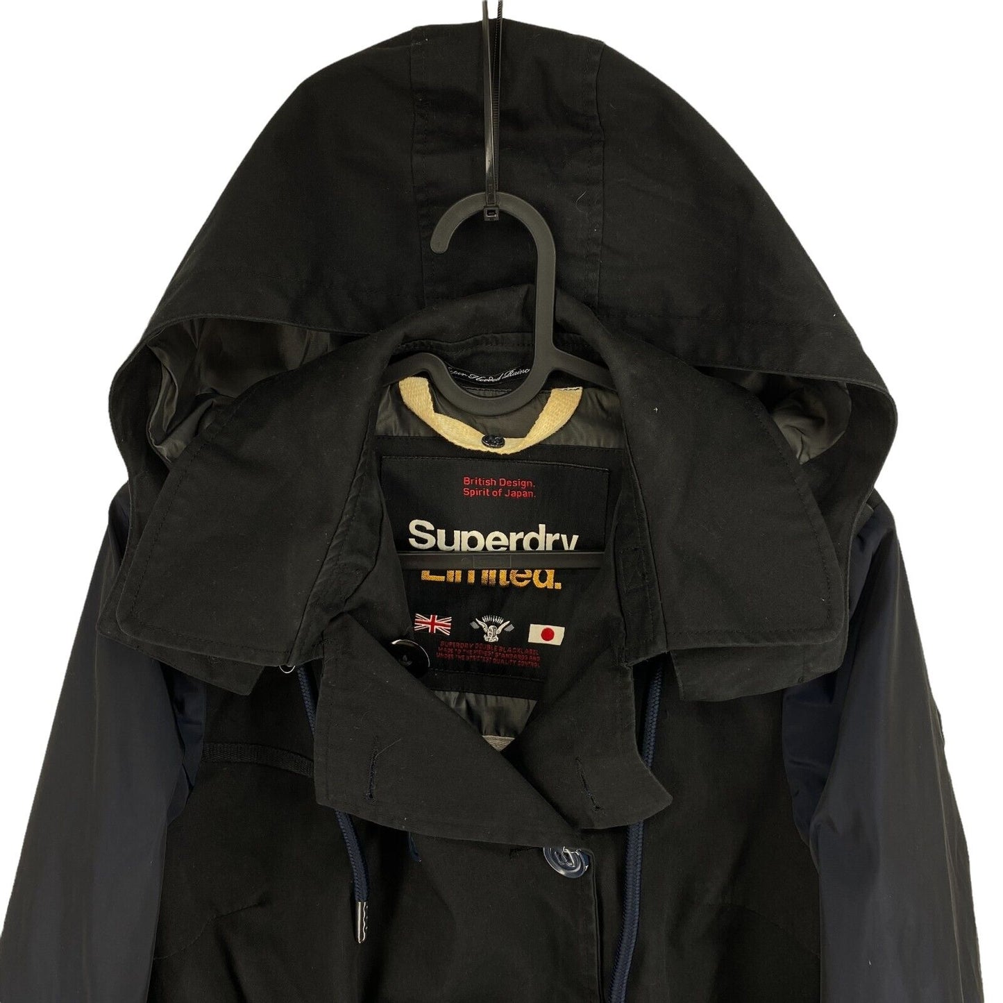 Superdry Limited Black Belted Hooded Rain Coat Jacket Size S