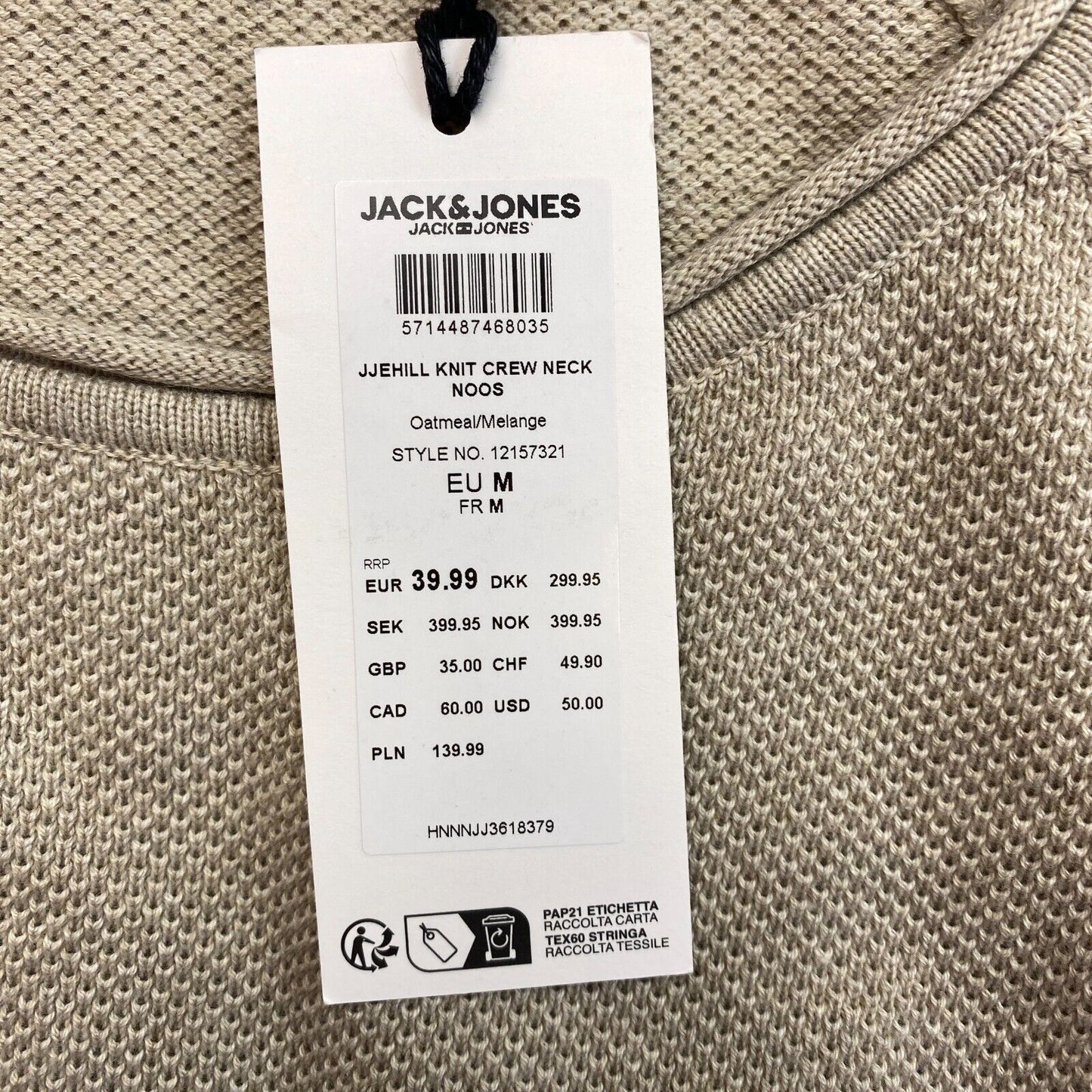 JACK&JONES Originals Mens Light Grey Knit Crew Neck Sweater Jumper Size M