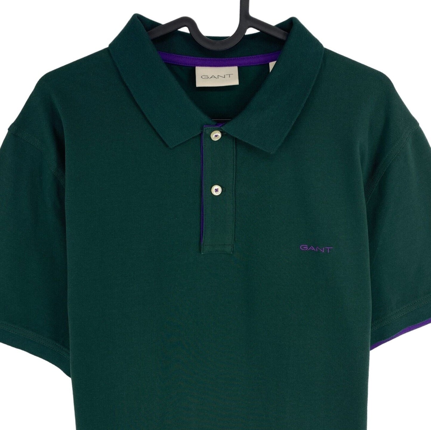 GANT Men Dark Green Contrast Collar Pique Short Sleeves Polo Shirt Size XL