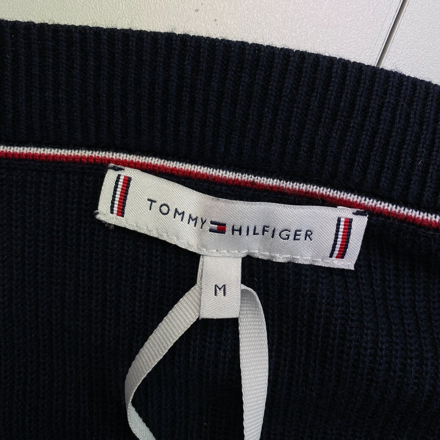 TOMMY HILFIGER Navy Blue Global Stripe Open Neck Sweater Jumper Size M