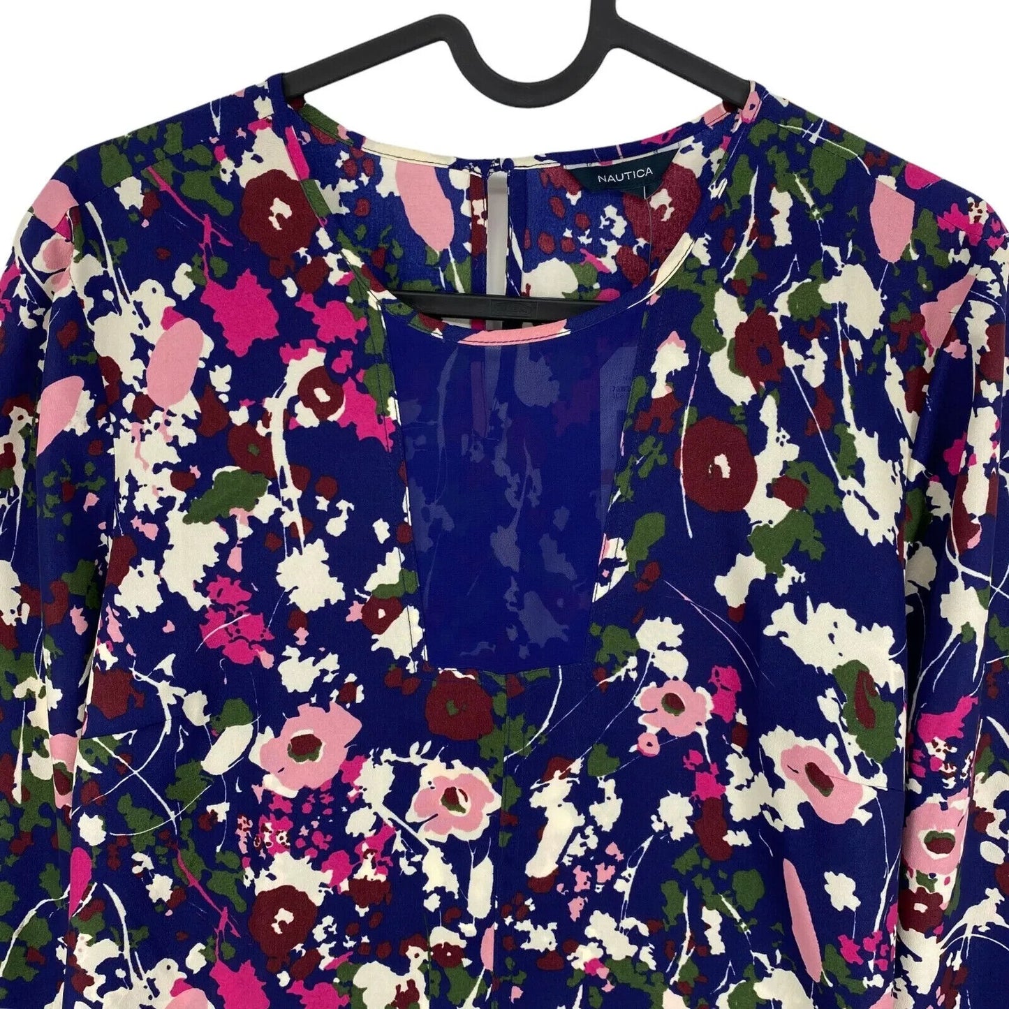 NAUTICA Navy Blue Floral Print Crew Neck Long Sleeves Blouse Size M