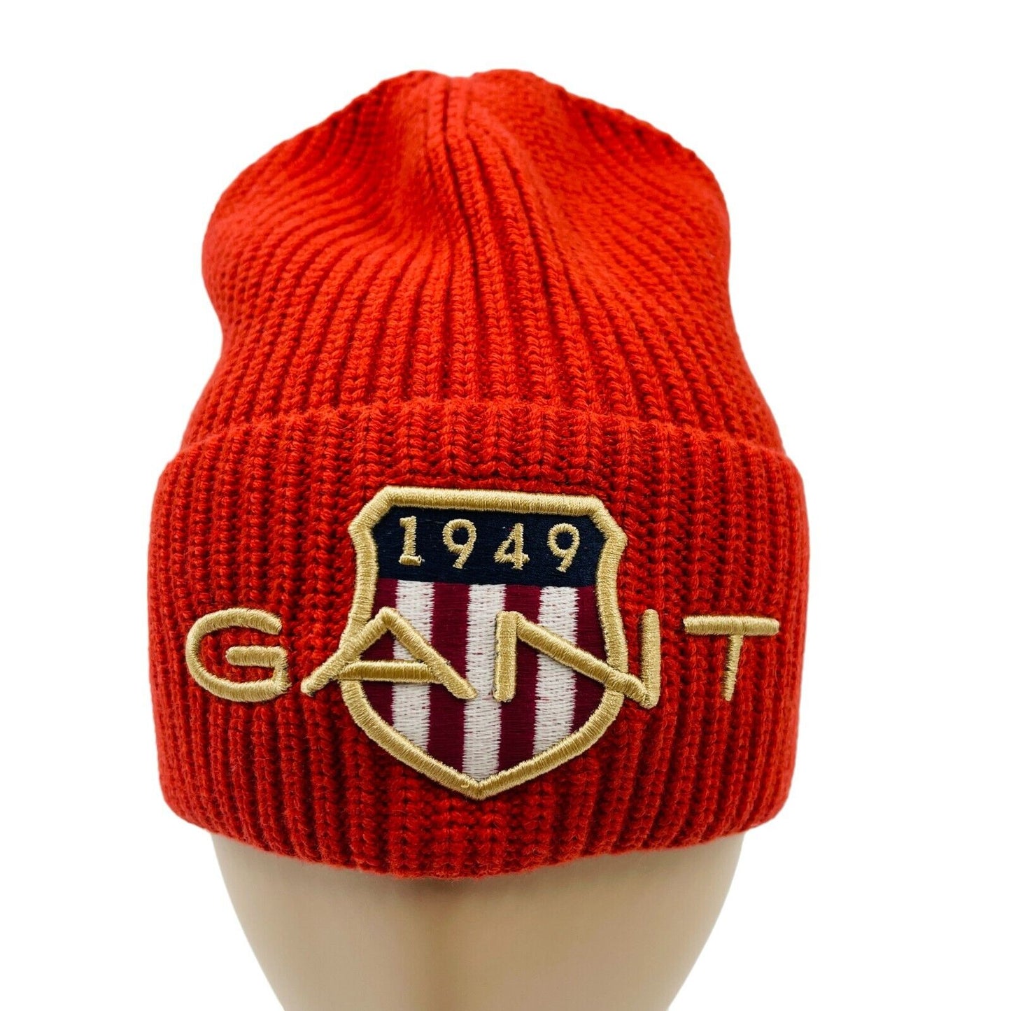 GANT Red Cotton Wool Blend Knit Beanie Hat Size L XL