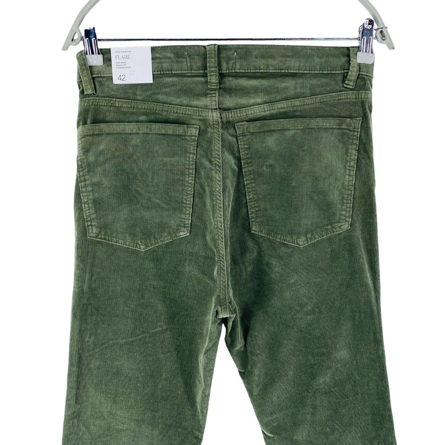 MANGO Women Green High Waist Flare Fit Cropped Corduroy Trousers Jeans EU 42 W30