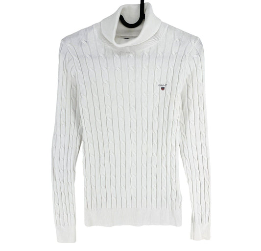 GANT Women White Stretch Cotton Cable Knit High Neck Sweater Jumper Size XS