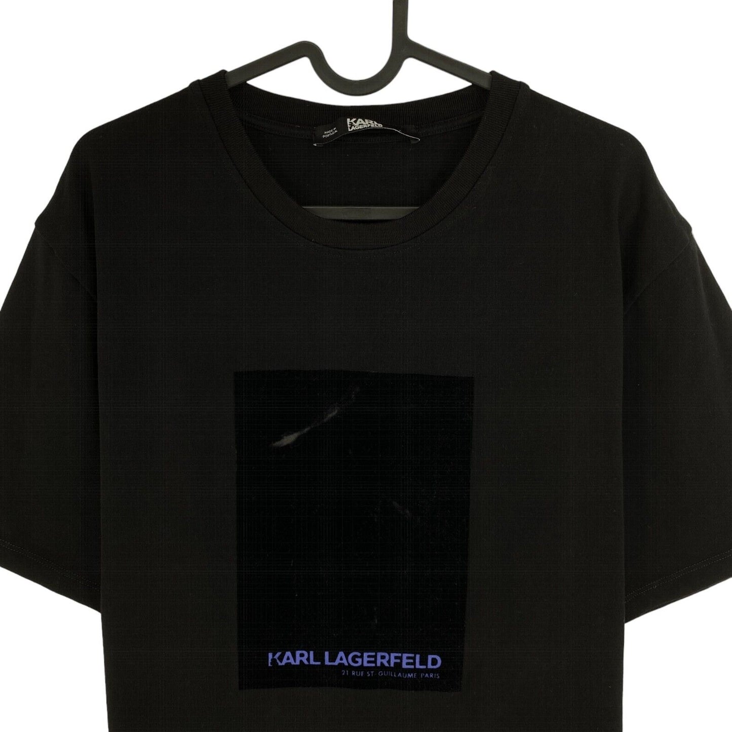 KARL LAGERFELD Schwarzes T-Shirt mit Rundhalsausschnitt und Flockdruck, Größe L