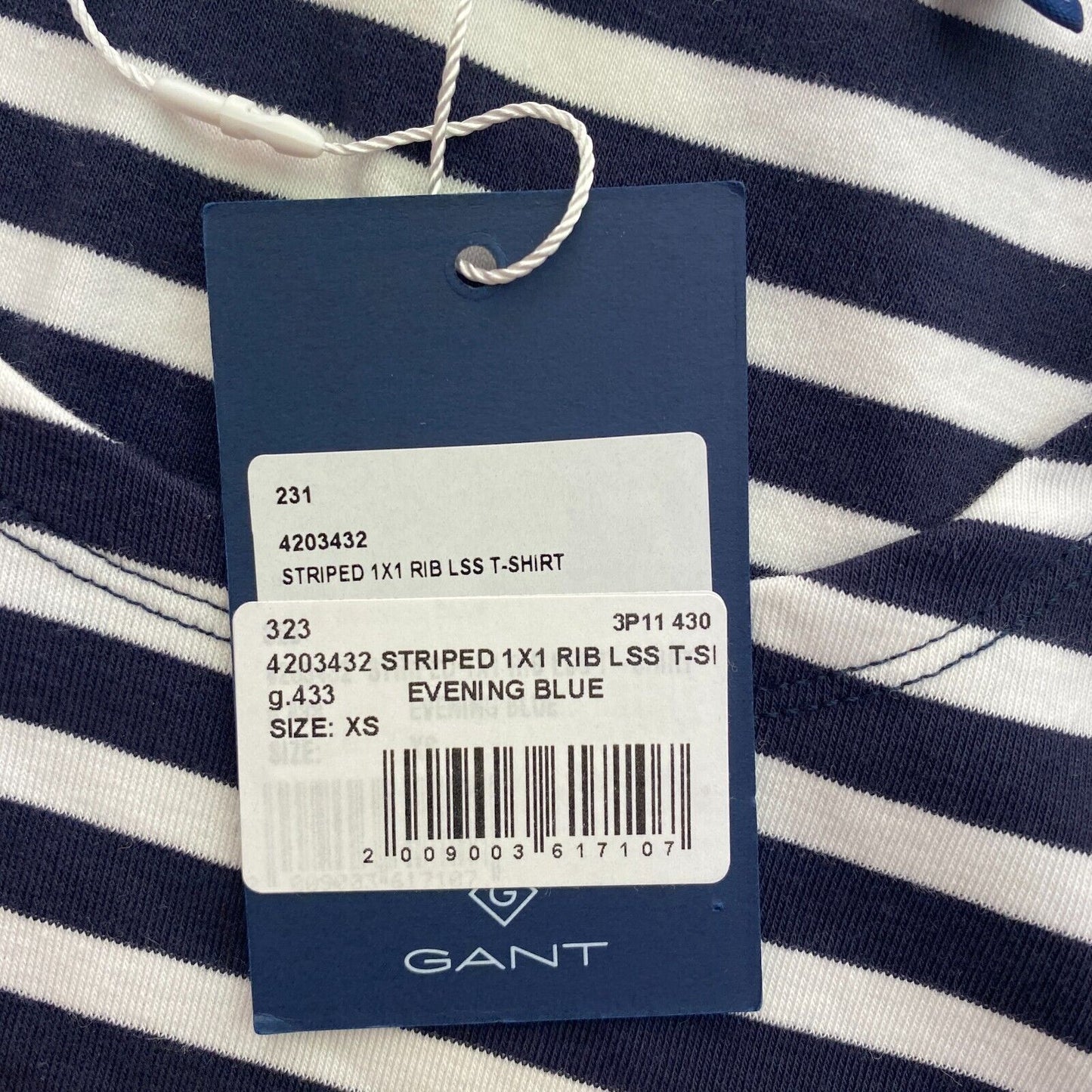 GANT Women Navy Blue Striped 1x1 Rib Crew Neck T Shirt Size XS