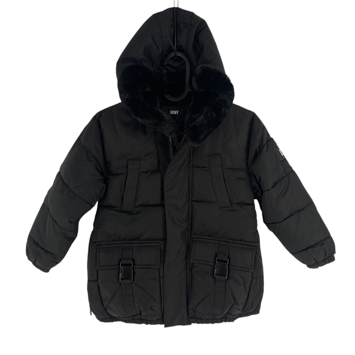 DKNY Girls Black Hooded Padded Jacket Coat Size 6 Years