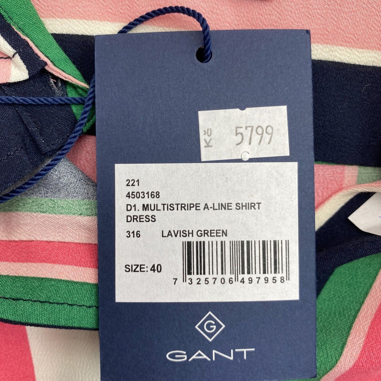 GANT Grünes Hemdkleid mit langen Ärmeln und Streifen in A-Linie, Größe EU 40, UK 12, US 10