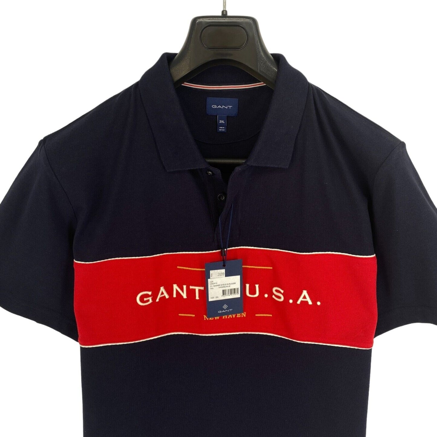 GANT Men Navy Blue Banner Shield Rugger Short Sleeve Polo Shirt Size 2XL