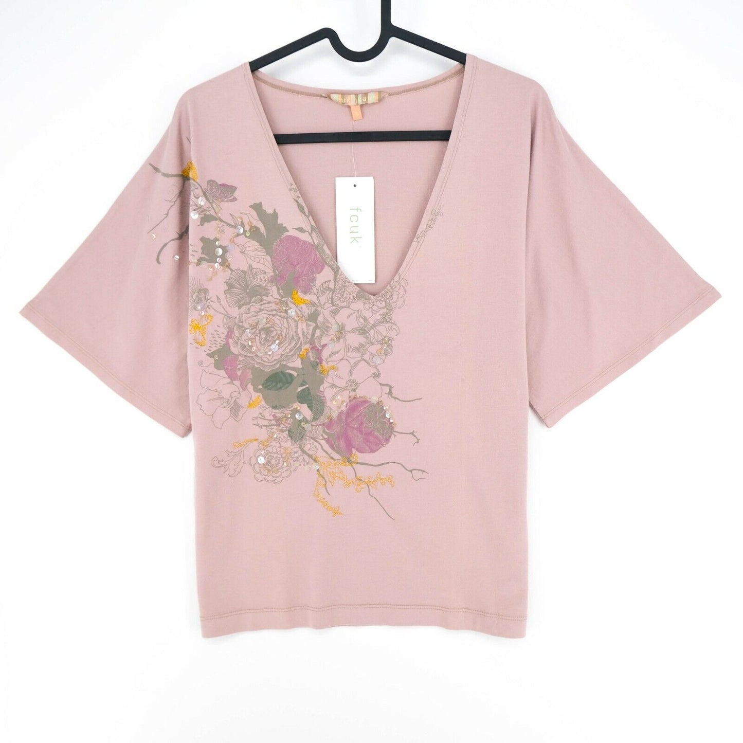 FCUK JEANS T-shirt col en V imprimé fleur rose taille S