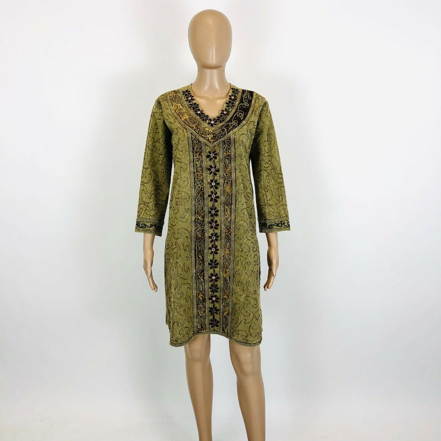 Olive Green Gold Embroided Kaftan Tunic Dress Size S