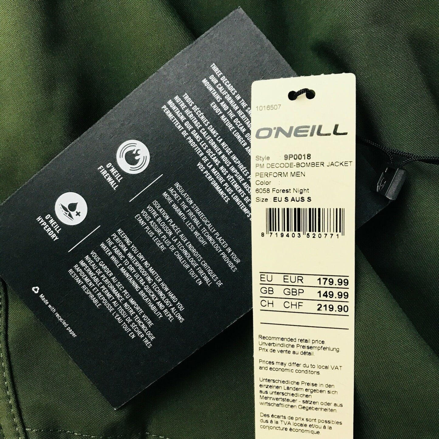 O'NEILL Decode Bomber Olive Green Waterproof Ski Jacket Size M