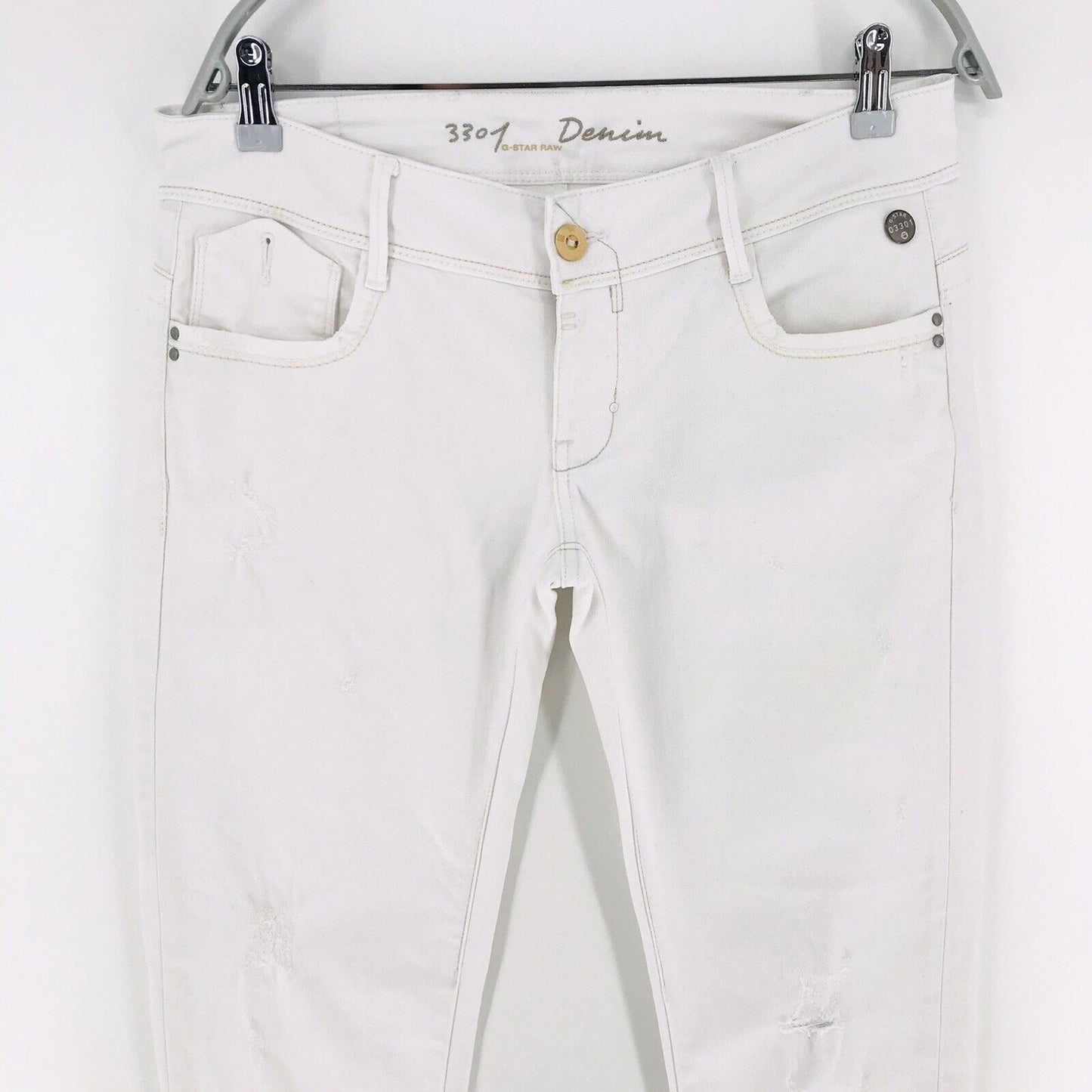 G-STAR 3301 ROYCE 070 EMBRO Women White Skinny Fit Distressed Jeans Size W29 L36