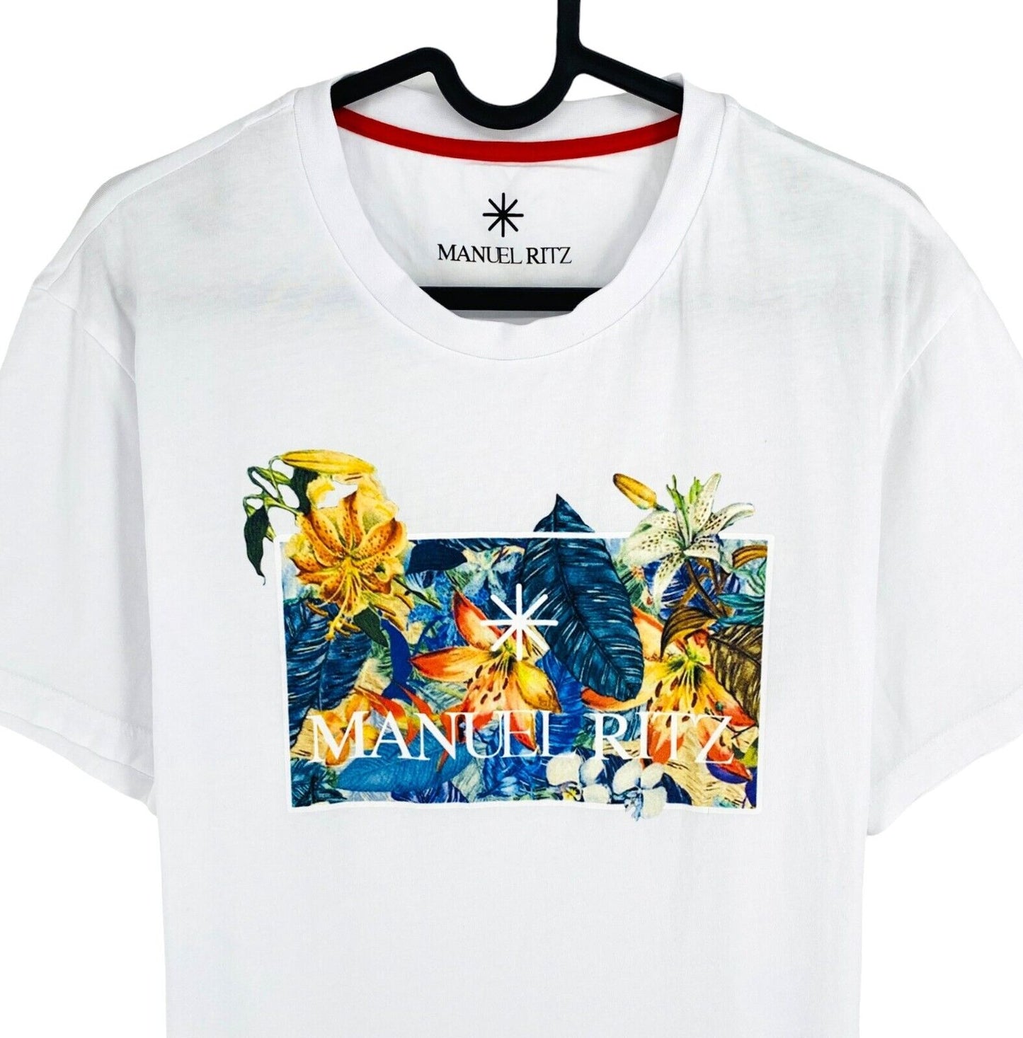 MANUEL RITZ Men White Graphic Print Crew Neck T Shirt Size L