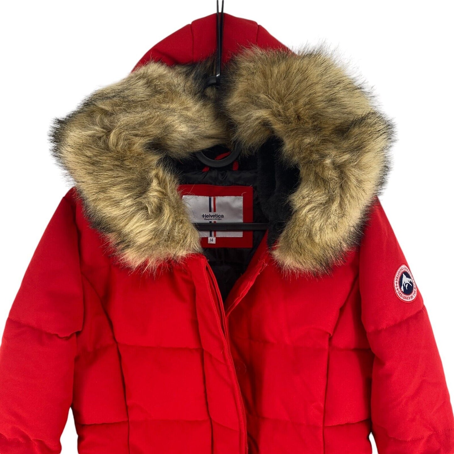 Helvetica Girls Red Hooded Parka Jacket Coat Size 14 Years