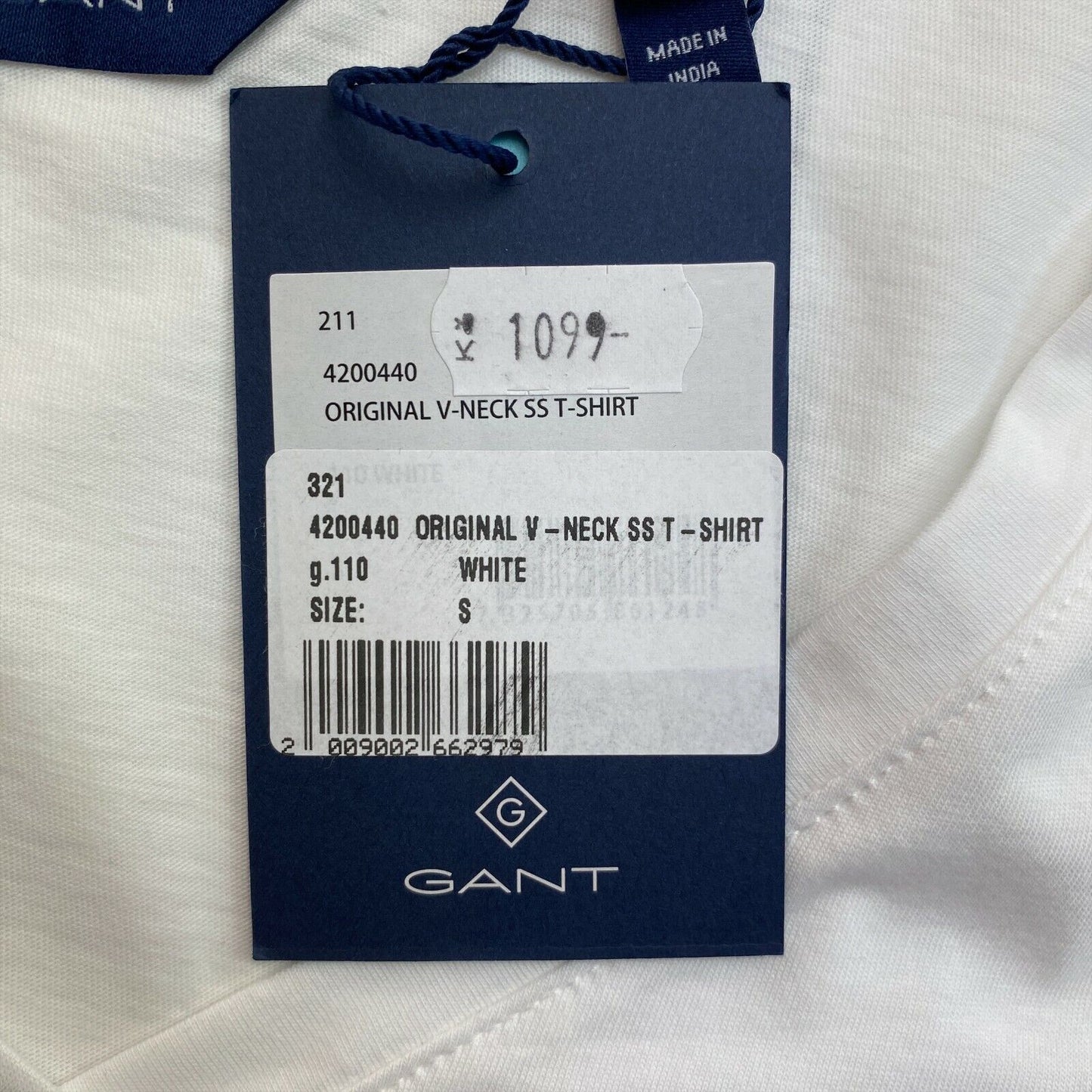 GANT White Original V Neck Top T Shirt Size S