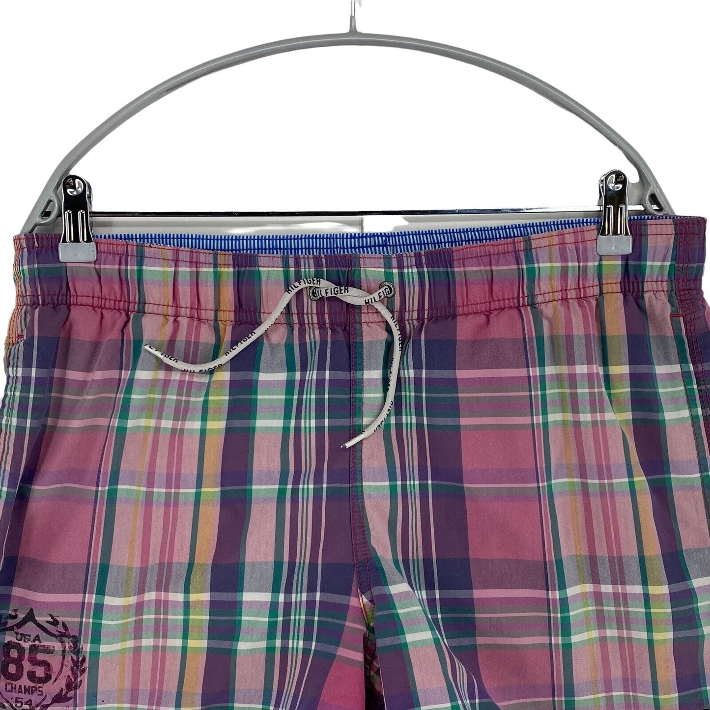 TOMMY HILFIGER Plaid Purple Cotton Blend Swimwear Swimming Trunks Shorts Size S