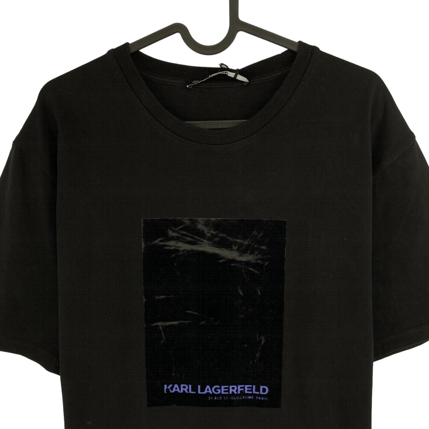 KARL LAGERFELD Schwarzes T-Shirt mit Rundhalsausschnitt und Flockdruck, Größe L