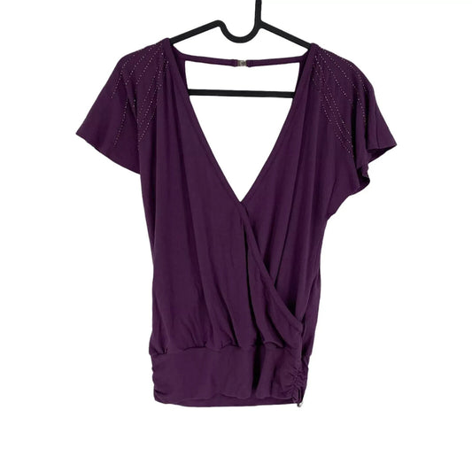 Colcci Purple Open Back Short Sleeve Deep V-Neck Jersey Top Blouse Size XS