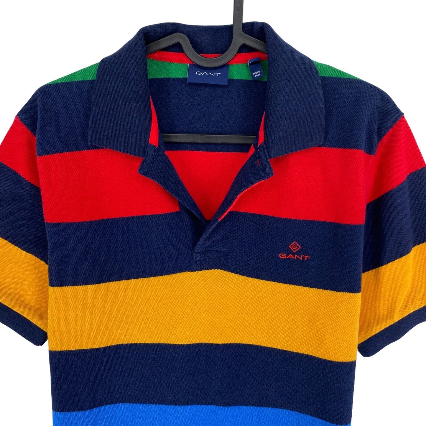 GANT Navy Blue Striped Pique Rugger Polo Neck Shirt Size S